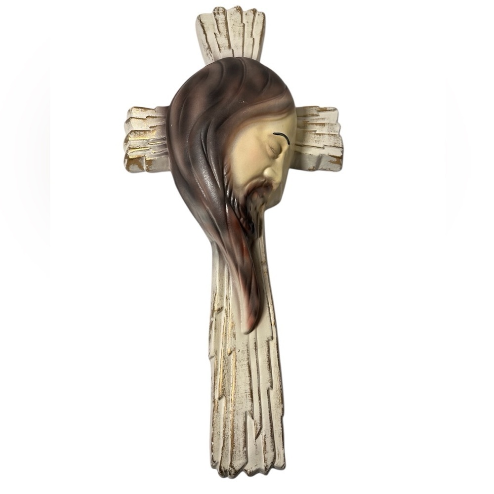 Vintage 1970s Jesus Wall Cross Art – Chalkware 3D Religious Wall Hanging